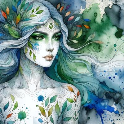 The primary subject of the image is a woman with a green and blue tattoo. She is wearing a white dress and has a green headband. The setting is a colorful and artistic environment, possibly a painting or a digital artwork. The visual style is a combination of digital art and illustration, creating a vibrant and unique appearance. The colors and mood of the image are lively and energetic, with a focus on the woman's striking tattoo and her overall appearance.
